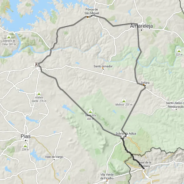 Miniaturní mapa "Silniční cyklistická trasa Rosal de la Frontera - Sobral da Adiça" inspirace pro cyklisty v oblasti Andalucía, Spain. Vytvořeno pomocí plánovače tras Tarmacs.app
