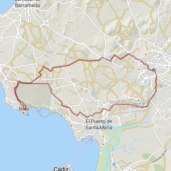 Miniature de la carte de l'inspiration cycliste "Rota - Sierra de San Cristóbal" dans la Andalucía, Spain. Générée par le planificateur d'itinéraire cycliste Tarmacs.app