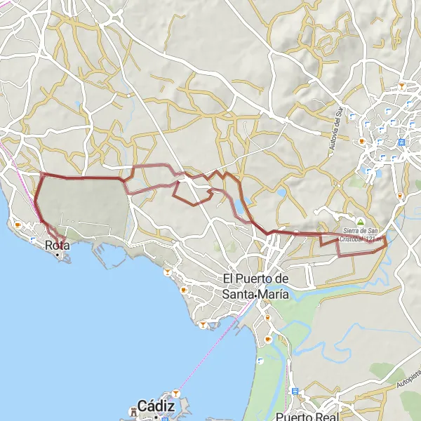 Miniatura della mappa di ispirazione al ciclismo "Percorso in bici da Rota a Rota attraverso Sierra de San Cristóbal" nella regione di Andalucía, Spain. Generata da Tarmacs.app, pianificatore di rotte ciclistiche