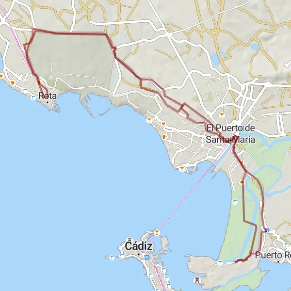 Map miniature of "Gravel Adventure to Rota's Highlights" cycling inspiration in Andalucía, Spain. Generated by Tarmacs.app cycling route planner