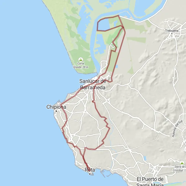 Miniatura della mappa di ispirazione al ciclismo "Percorso in bici da Rota a Medina Sidonia" nella regione di Andalucía, Spain. Generata da Tarmacs.app, pianificatore di rotte ciclistiche