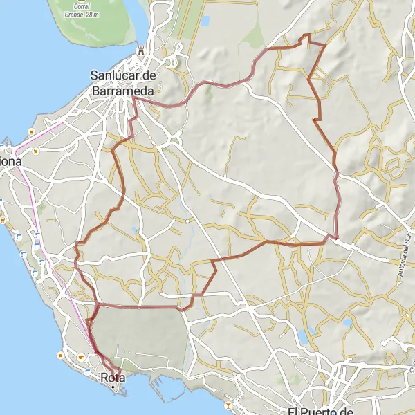 Map miniature of "Scenic Gravel Route to Rota" cycling inspiration in Andalucía, Spain. Generated by Tarmacs.app cycling route planner