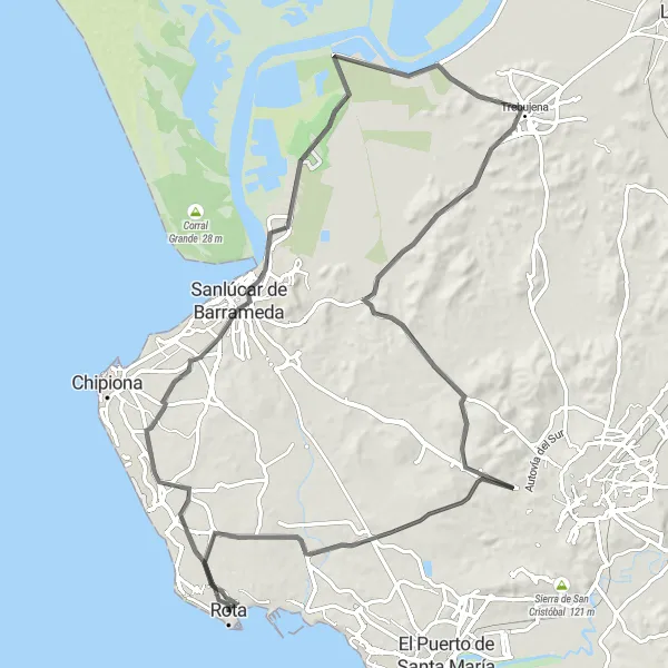 Miniatura della mappa di ispirazione al ciclismo "Giro in bici da Rota a Rota" nella regione di Andalucía, Spain. Generata da Tarmacs.app, pianificatore di rotte ciclistiche