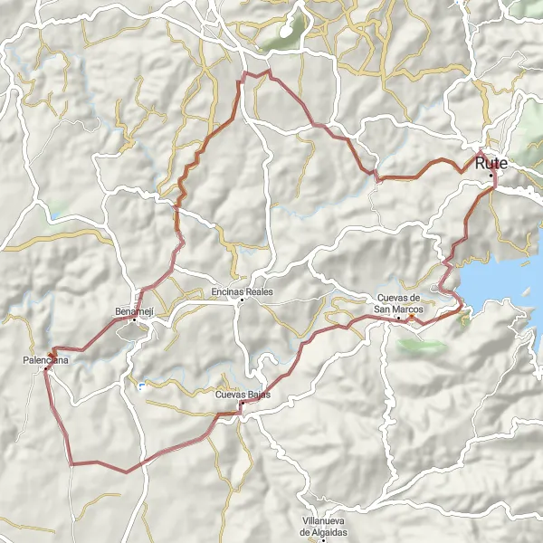 Miniaturní mapa "Gravelová cesta skrze Cuevas Bajas a Rute" inspirace pro cyklisty v oblasti Andalucía, Spain. Vytvořeno pomocí plánovače tras Tarmacs.app