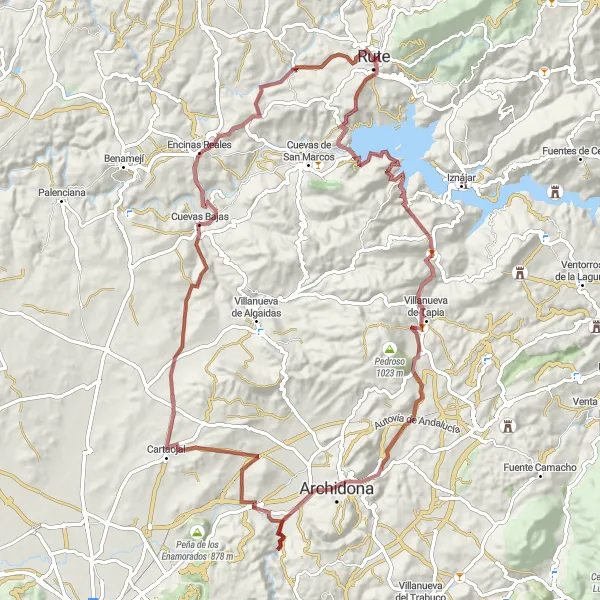 Miniatura mapy "Trasa Gravelowa Villanueva de Tapia - Conjuro - Plaza Ochavada - Cartaojal - Cuevas Bajas - Rute" - trasy rowerowej w Andalucía, Spain. Wygenerowane przez planer tras rowerowych Tarmacs.app