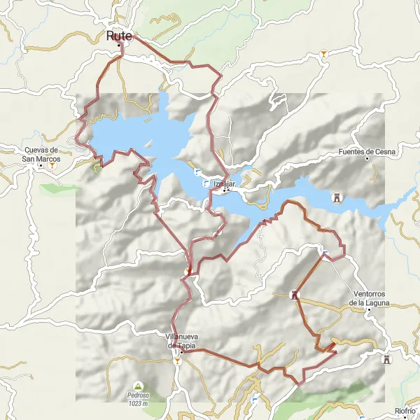 Map miniature of "Gravel Route from Rute to Iznájar" cycling inspiration in Andalucía, Spain. Generated by Tarmacs.app cycling route planner
