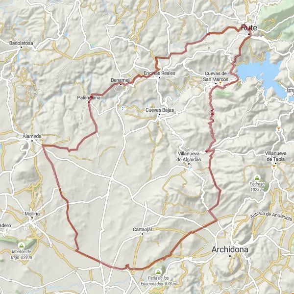 Miniaturní mapa "Expedice kolem Cueva de San Marcos" inspirace pro cyklisty v oblasti Andalucía, Spain. Vytvořeno pomocí plánovače tras Tarmacs.app