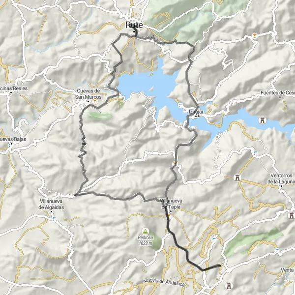 Map miniature of "Road Route from Rute to Iznájar" cycling inspiration in Andalucía, Spain. Generated by Tarmacs.app cycling route planner