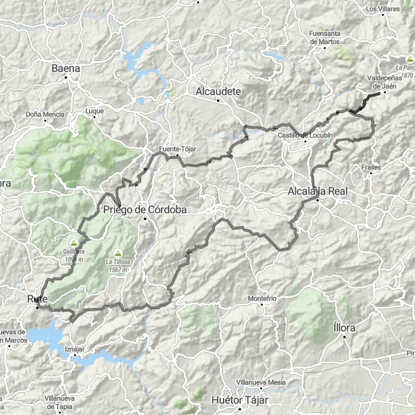 Miniatura mapy "Trasa przez Andaluzję: Rute - Fuente-Tójar" - trasy rowerowej w Andalucía, Spain. Wygenerowane przez planer tras rowerowych Tarmacs.app