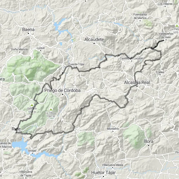 Map miniature of "Spectacular Road Cycling Tour to Valdepeñas de Jaén and Rute" cycling inspiration in Andalucía, Spain. Generated by Tarmacs.app cycling route planner