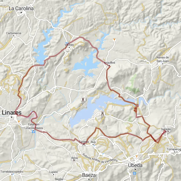 Miniatuurkaart van de fietsinspiratie "Gravelroute van Sabiote naar Arquillos" in Andalucía, Spain. Gemaakt door de Tarmacs.app fietsrouteplanner