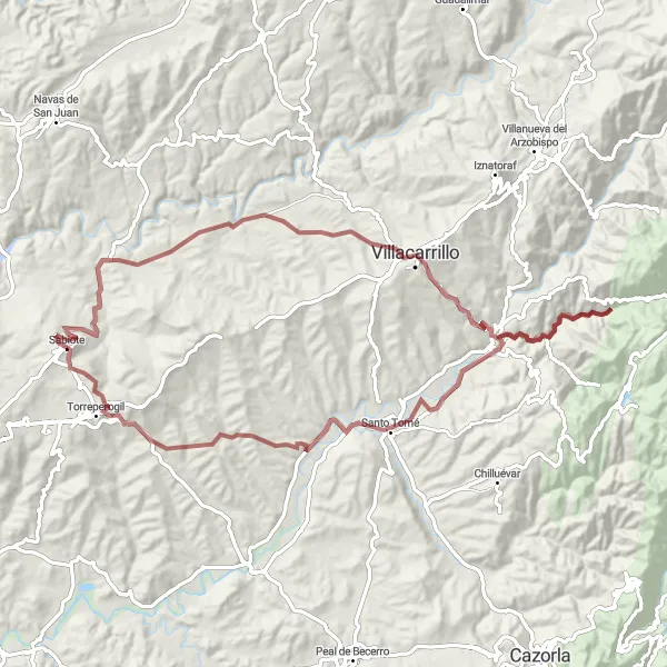 Miniatura della mappa di ispirazione al ciclismo "Gravel Route from Sabiote to Torreperogil" nella regione di Andalucía, Spain. Generata da Tarmacs.app, pianificatore di rotte ciclistiche