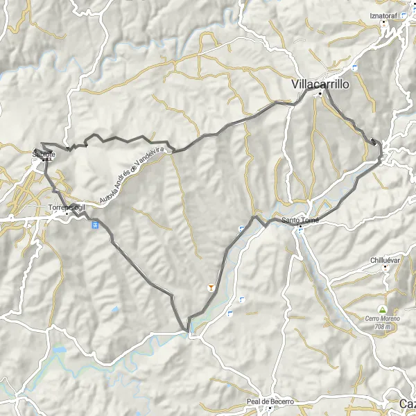 Miniatura della mappa di ispirazione al ciclismo "Tour in bici tra Villacarrillo e Sabiote" nella regione di Andalucía, Spain. Generata da Tarmacs.app, pianificatore di rotte ciclistiche