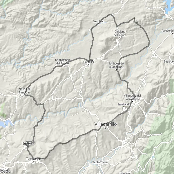 Miniatura della mappa di ispirazione al ciclismo "Road Route from Sabiote to Torreperogil" nella regione di Andalucía, Spain. Generata da Tarmacs.app, pianificatore di rotte ciclistiche
