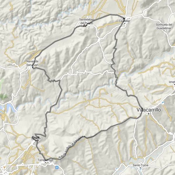 Miniatura della mappa di ispirazione al ciclismo "Rotta ciclabile verso Navas de San Juan" nella regione di Andalucía, Spain. Generata da Tarmacs.app, pianificatore di rotte ciclistiche