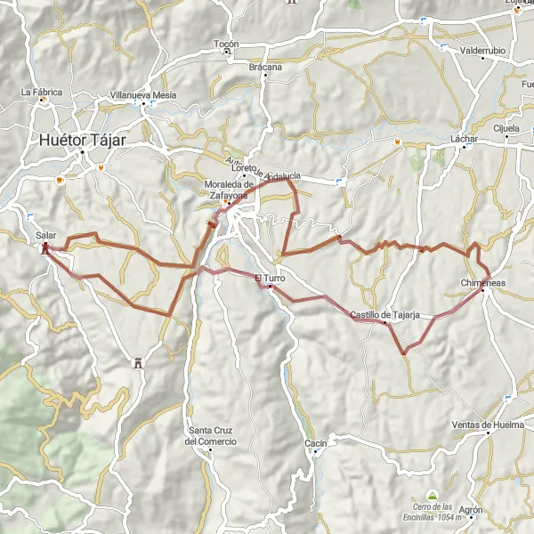 Miniatua del mapa de inspiración ciclista "Ruta Gravel Moraleda de Zafayona - Torre de Salar" en Andalucía, Spain. Generado por Tarmacs.app planificador de rutas ciclistas