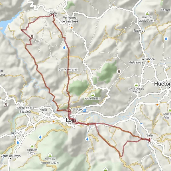 Miniatuurkaart van de fietsinspiratie "Zagra naar Torre de Salar Gravel Route" in Andalucía, Spain. Gemaakt door de Tarmacs.app fietsrouteplanner
