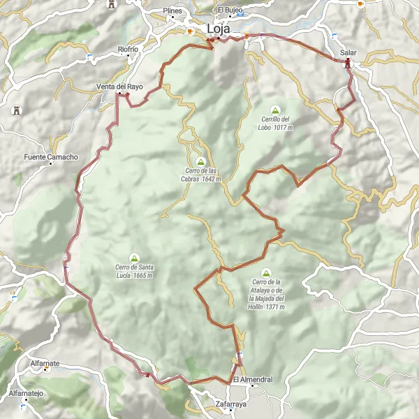 Miniatura della mappa di ispirazione al ciclismo "Esplorazione in gravel da Salar a Loja" nella regione di Andalucía, Spain. Generata da Tarmacs.app, pianificatore di rotte ciclistiche
