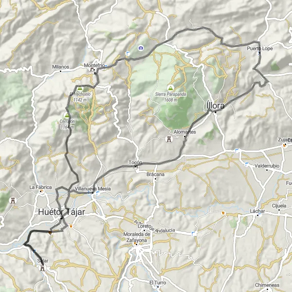 Miniatua del mapa de inspiración ciclista "Ruta de ciclismo de carretera por Salar y Montefrío" en Andalucía, Spain. Generado por Tarmacs.app planificador de rutas ciclistas
