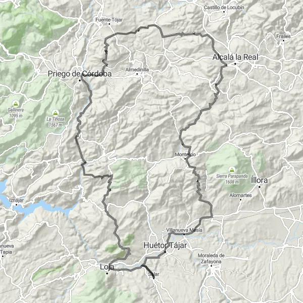 Miniatura della mappa di ispirazione al ciclismo "Giro in Bicicletta su Strada tra Montefrío e Huétor Tájar" nella regione di Andalucía, Spain. Generata da Tarmacs.app, pianificatore di rotte ciclistiche