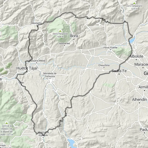 Miniatura della mappa di ispirazione al ciclismo "Tour in bicicletta da Salar a Santa Fe" nella regione di Andalucía, Spain. Generata da Tarmacs.app, pianificatore di rotte ciclistiche