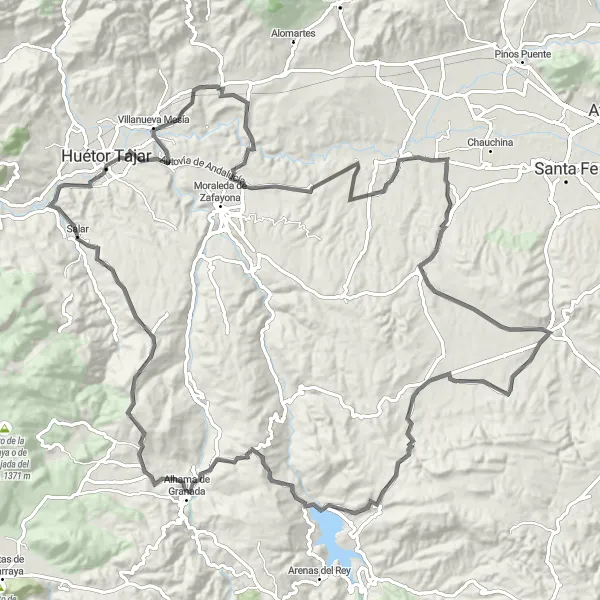 Miniatua del mapa de inspiración ciclista "Ruta de ciclismo de carretera por Huétor Tájar y Alhama de Granada" en Andalucía, Spain. Generado por Tarmacs.app planificador de rutas ciclistas