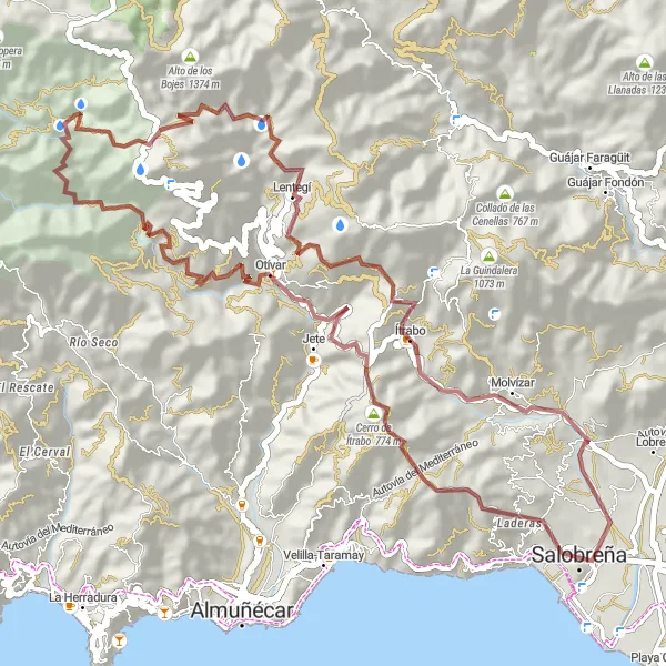 Miniatura della mappa di ispirazione al ciclismo "Esplorazione Gravel nei Dintorni di Salobreña" nella regione di Andalucía, Spain. Generata da Tarmacs.app, pianificatore di rotte ciclistiche