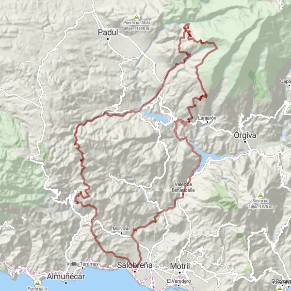 Miniature de la carte de l'inspiration cycliste "Circuit des Châteaux de la Costa Tropical" dans la Andalucía, Spain. Générée par le planificateur d'itinéraire cycliste Tarmacs.app
