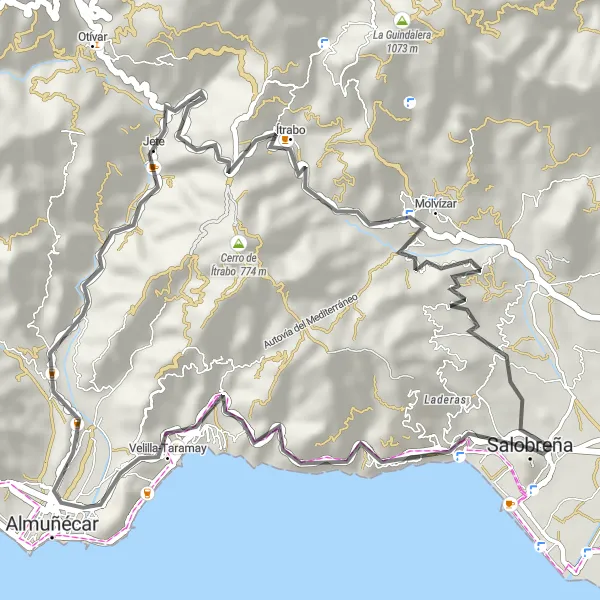 Map miniature of "Tropical Foothills Loop" cycling inspiration in Andalucía, Spain. Generated by Tarmacs.app cycling route planner