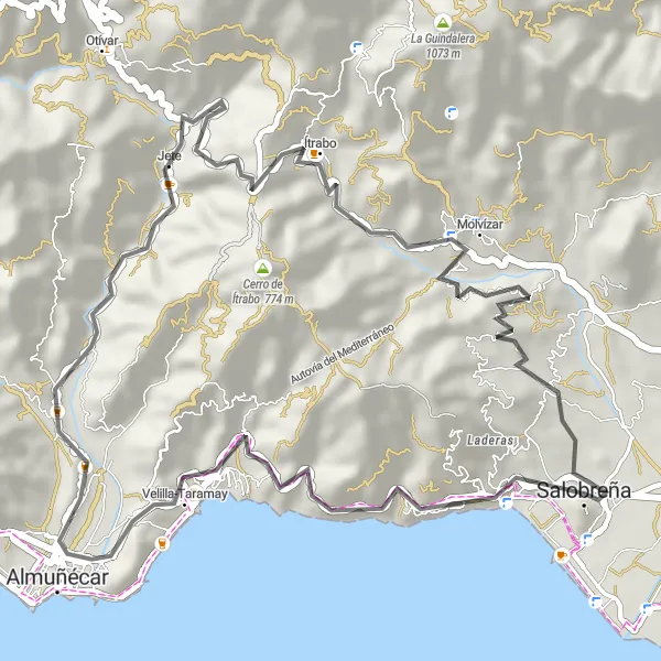 Miniature de la carte de l'inspiration cycliste "Tour pittoresque de Velilla-Taramay à Mirador Enrique Morente" dans la Andalucía, Spain. Générée par le planificateur d'itinéraire cycliste Tarmacs.app