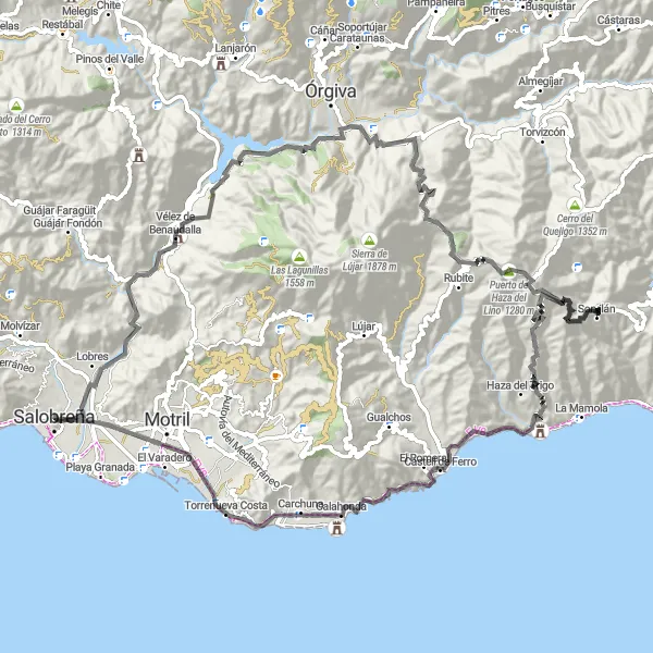 Miniature de la carte de l'inspiration cycliste "Route panoramique de Vélez de Benaudalla à Salobreña" dans la Andalucía, Spain. Générée par le planificateur d'itinéraire cycliste Tarmacs.app