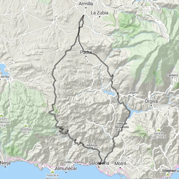 Miniature de la carte de l'inspiration cycliste "Parcours du Mirador Enrique Morente" dans la Andalucía, Spain. Générée par le planificateur d'itinéraire cycliste Tarmacs.app