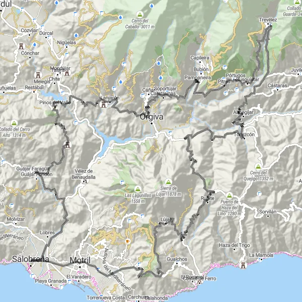 Map miniature of "Climbing Route to Las Alpujarras" cycling inspiration in Andalucía, Spain. Generated by Tarmacs.app cycling route planner