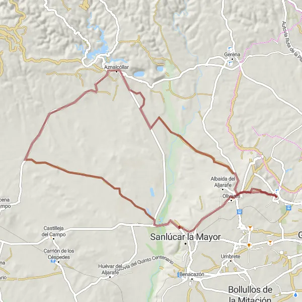 Miniatua del mapa de inspiración ciclista "Ruta de ciclismo en gravilla desde Salteras" en Andalucía, Spain. Generado por Tarmacs.app planificador de rutas ciclistas