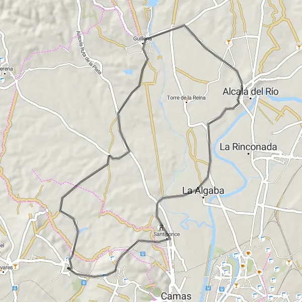 Miniatura della mappa di ispirazione al ciclismo "Giro panoramico in bicicletta nel Sivigliano" nella regione di Andalucía, Spain. Generata da Tarmacs.app, pianificatore di rotte ciclistiche