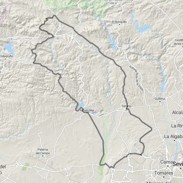 Miniatua del mapa de inspiración ciclista "Ruta desde Salteras hasta Gerena en carretera" en Andalucía, Spain. Generado por Tarmacs.app planificador de rutas ciclistas