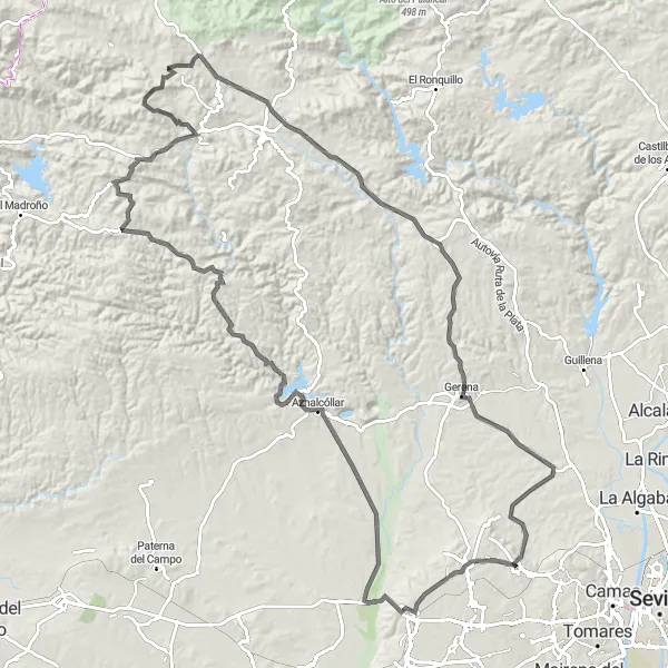 Karten-Miniaturansicht der Radinspiration "Radtour von Salteras nach Gerena" in Andalucía, Spain. Erstellt vom Tarmacs.app-Routenplaner für Radtouren