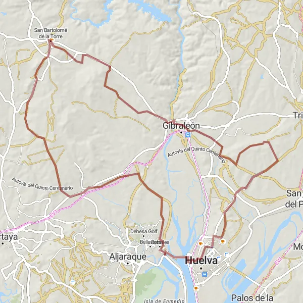 Miniaturní mapa "Gravel Route around San Bartolomé de la Torre" inspirace pro cyklisty v oblasti Andalucía, Spain. Vytvořeno pomocí plánovače tras Tarmacs.app