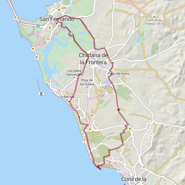 Miniature de la carte de l'inspiration cycliste "Les Mystères de San Fernando" dans la Andalucía, Spain. Générée par le planificateur d'itinéraire cycliste Tarmacs.app