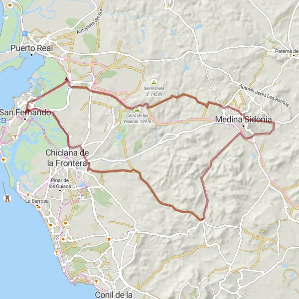 Miniatura mapy "Przygoda na szutrze wokół San Fernando" - trasy rowerowej w Andalucía, Spain. Wygenerowane przez planer tras rowerowych Tarmacs.app