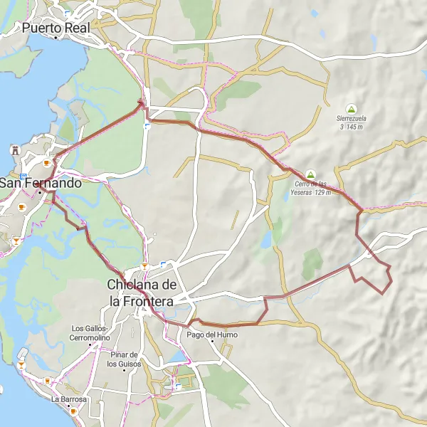 Miniatura della mappa di ispirazione al ciclismo "Giro in bicicletta intorno a San Fernando" nella regione di Andalucía, Spain. Generata da Tarmacs.app, pianificatore di rotte ciclistiche