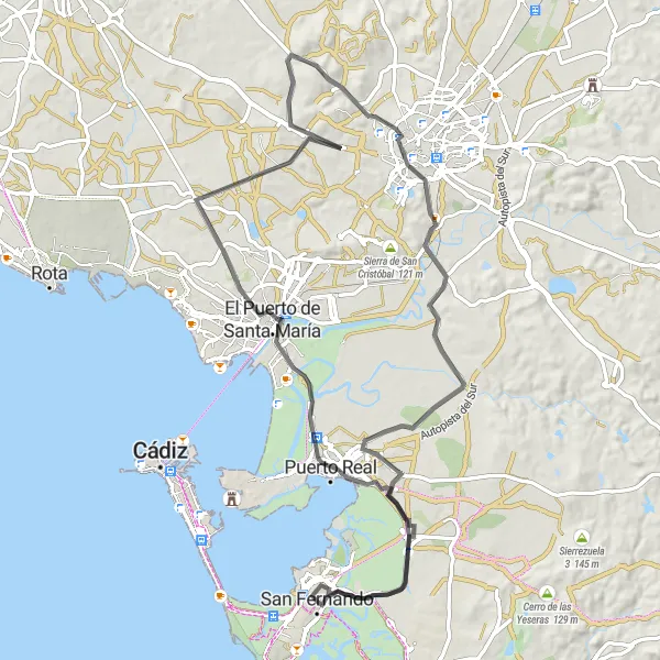 Miniatura mapy "Pętla wokół San Fernando i okolic" - trasy rowerowej w Andalucía, Spain. Wygenerowane przez planer tras rowerowych Tarmacs.app