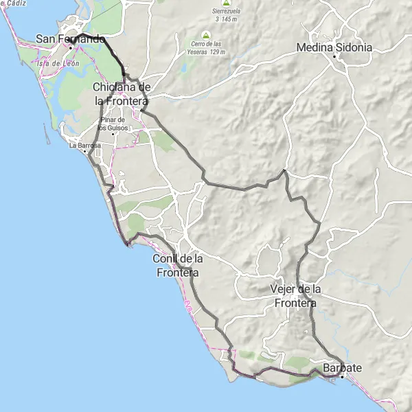 Miniatura mapy "Trasa rowerowa na szosie wokół San Fernando" - trasy rowerowej w Andalucía, Spain. Wygenerowane przez planer tras rowerowych Tarmacs.app