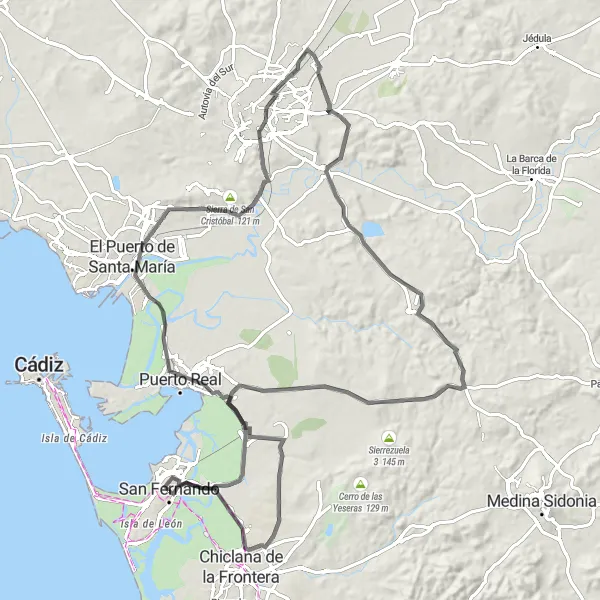 Miniatura mapy "Szosowy raj dla rowerzystów koło San Fernando" - trasy rowerowej w Andalucía, Spain. Wygenerowane przez planer tras rowerowych Tarmacs.app
