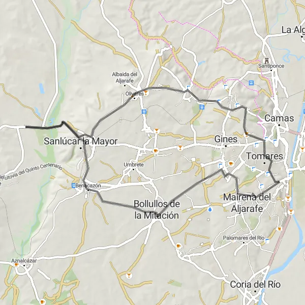 Miniature de la carte de l'inspiration cycliste "Circuit de Bollullos de la Mitación" dans la Andalucía, Spain. Générée par le planificateur d'itinéraire cycliste Tarmacs.app
