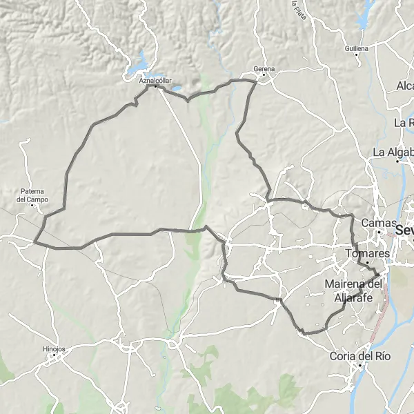 Miniaturní mapa "Cyklistická trasa kolem San Juan de Aznalfarache" inspirace pro cyklisty v oblasti Andalucía, Spain. Vytvořeno pomocí plánovače tras Tarmacs.app