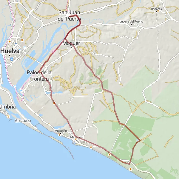 Miniatua del mapa de inspiración ciclista "Ruta de grava a Moguer" en Andalucía, Spain. Generado por Tarmacs.app planificador de rutas ciclistas