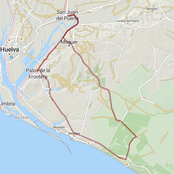 Miniatura della mappa di ispirazione al ciclismo "Avventura Naturale tra Moguer e La Fontanilla" nella regione di Andalucía, Spain. Generata da Tarmacs.app, pianificatore di rotte ciclistiche