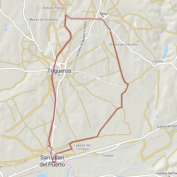 Miniatura della mappa di ispirazione al ciclismo "Tour dei Villaggi Intorno a San Juan del Puerto" nella regione di Andalucía, Spain. Generata da Tarmacs.app, pianificatore di rotte ciclistiche