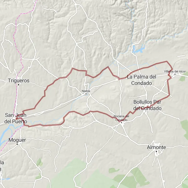 Miniatua del mapa de inspiración ciclista "Ruta de ciclismo de grava a Bollullos Par del Condado" en Andalucía, Spain. Generado por Tarmacs.app planificador de rutas ciclistas
